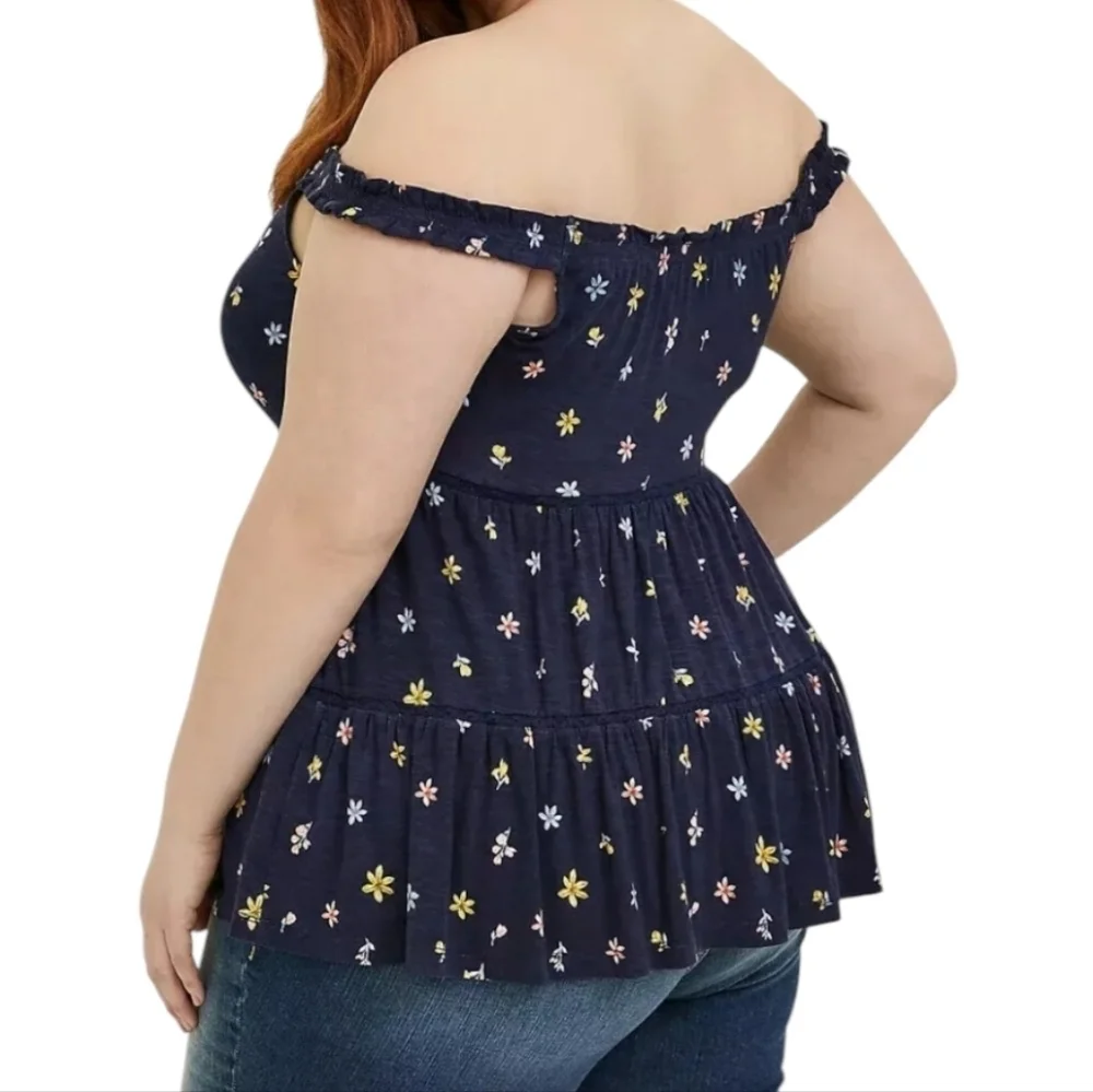 Torrid Womens Navy Ditsy Super Soft Slub Tiered Off the Should Top Size‎ 4X